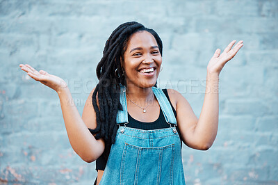 Buy stock photo Black woman, smile and hands for confused or unsure gesture posing outside against urban city background in street against blue wall. Laughing female asking question showing and confused sign outside