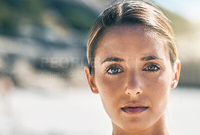 Buy stock photo Portrait of woman with serious face at the beach, thinking and determined. Inspiration, motivation and vision of girl with thoughtful expression in nature. Mockup for wellness, mindful and freedom