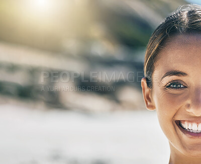 Buy stock photo Happy, woman and mockup of a person outdoor feeling happiness, freedom and positive. Portrait of a female friendly face from Spain with a smile in the summer sun with mock up space in nature