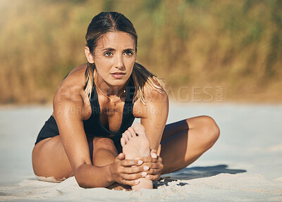 Buy stock photo Woman, stretching or beach yoga in relax workout, exercise or training in Australian nature environment. Zen, calm or fitness pilates yogi on sand and mobility health mindset or chakra energy balance