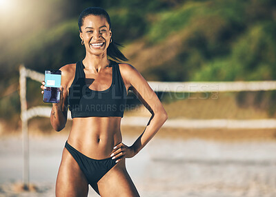 Buy stock photo Beach, technology and fitness app, woman with phone in the sand and summer sun. Exercise, bikini and sports workout on holiday in Brazil, happy and girl at volleyball net with mobile application.