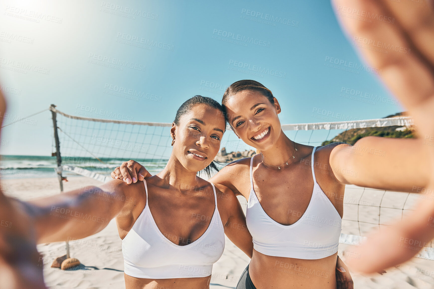 Buy stock photo Volleyball women friends in selfie on beach and outdoor summer, fitness and wellness lifestyle. Young sports people taking photo together for healthy motivation or competition with smile and sunshine