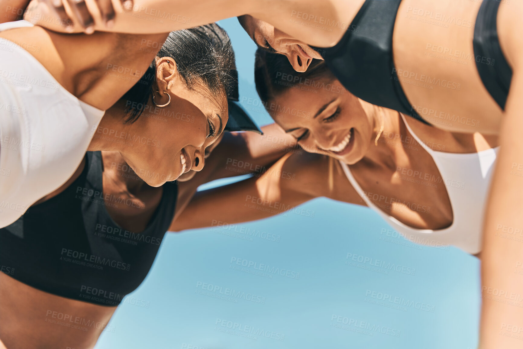 Buy stock photo Sports, fitness and women in circle for support, motivation and strategy planning with outdoor competition, game or training. Athlete young group of people for teamwork, collaboration and commitment