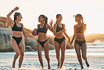 Beach volleyball, women and high five success team by Brazilian ocean, Rio de Janeiro nature sea in summer sunset. Winner sports friends, happy and support in bikini fitness workout or sand exercise 