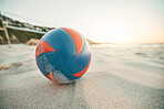 Beach sand, ball and volleyball games at tropical ocean, sunshine nature and sea landscape in Miami, Florida. Closeup empty shore, summer team sports training and action fitness for energy outdoors