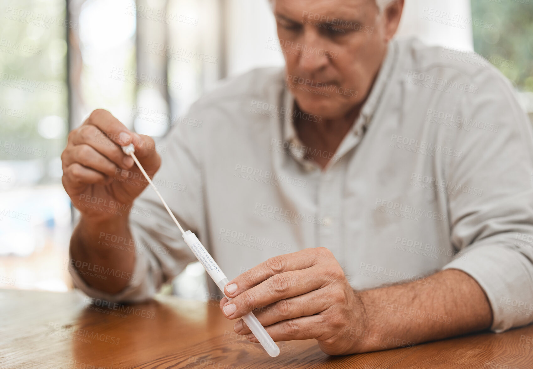 Buy stock photo Mature man, covid pcr test or swab for mouth or nose in home kit, house or living room for healthcare insurance or medical virus disease. Zoom, hands or antigen covid 19 check for patient in lockdown