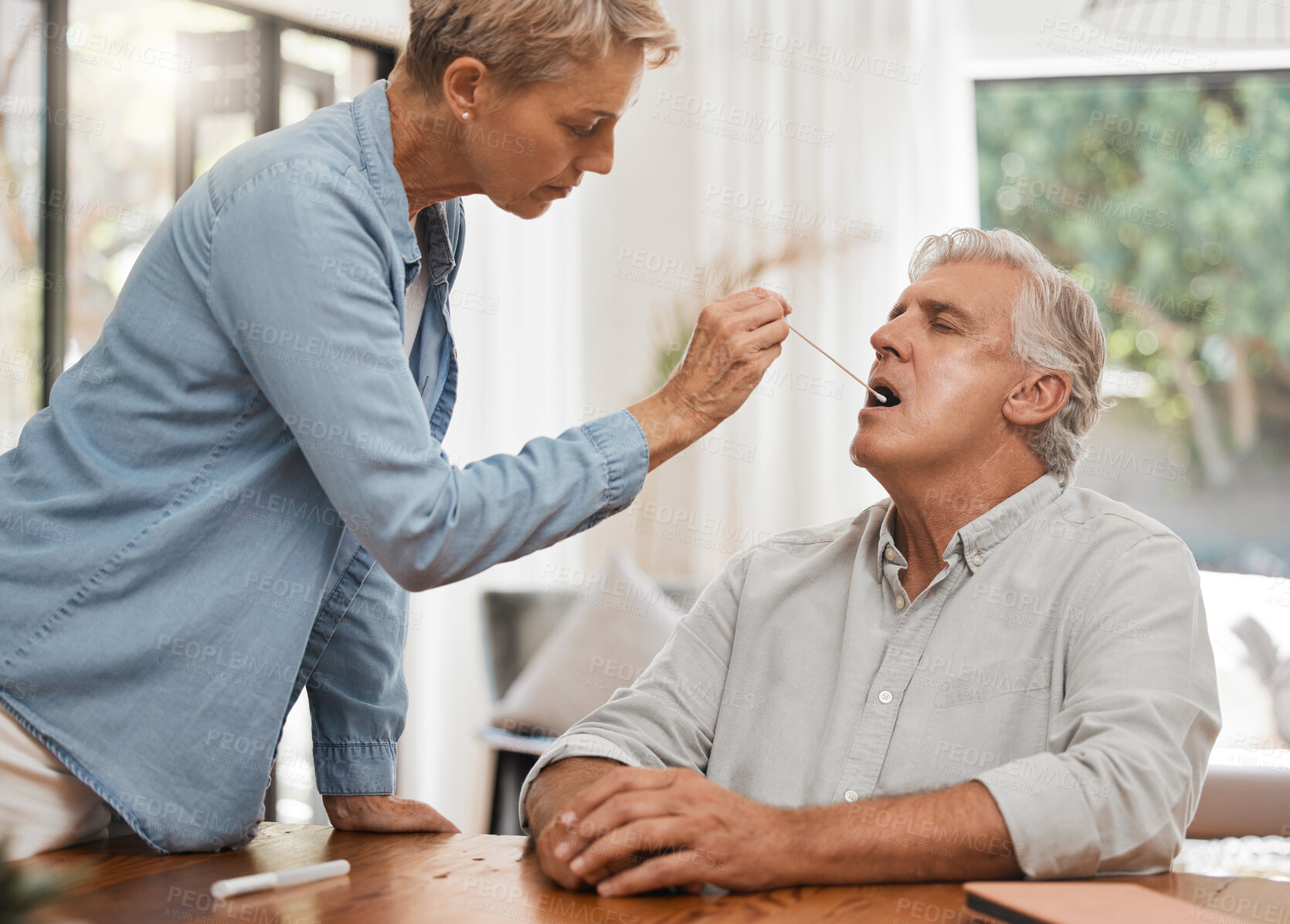 Buy stock photo Couple, cotton swab and covid test in house or home for compliance lockdown, antigen analysis and insurance healthcare check. Woman, senior man and covid 19 pcr help for virus mouth medical testing