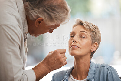 Buy stock photo Covid, health and senior couple with pcr test in home for corona virus compliance, wellness or safety together with easy check. Care, love and support elderly people with covid 19 nose medical swab