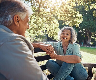 Buy stock photo Retirement, relax and love with couple in park together for peace, happy and nature in spring. Wellness, smile and marriage with old man and woman on bench in countryside for nature, summer and date 