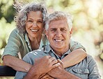 Love, hug and senior couple bond in house garden, nature park or home backyard in trust, security or future support. Happy smile portrait, retirement elderly man or Australian woman in life insurance