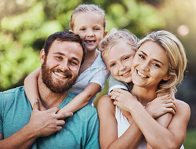 Buy stock photo Family portrait, parents and kids bonding hug in garden or Canada nature park in trust, love or security, Smile, happy or excited children with man or woman for mothers day or fathers day celebration