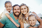 Happy family, travel and summer vacation with kids in Costa Rica, summer holiday or trip outdoor. Portrait Love, smile and girl, mom and dad together smile, laugh and spending time bonding and caring