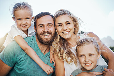 Buy stock photo Happy family, travel and summer vacation with kids in Costa Rica, summer holiday or trip outdoor. Portrait Love, smile and girl, mom and dad together smile, laugh and spending time bonding and caring