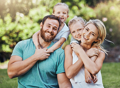 Buy stock photo Family portrait, parents and children bonding in hug in house garden, nature park or environment in trust, security and love. Smile, happy and kids or girls in mothers day or fathers day celebration