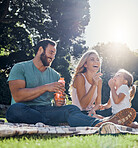 Family, happy and bubbles with picnic in park together for summer, relax and nature. Smile, spring and peace with parents playing with girl in countryside field for youth, lifestyle and happiness 