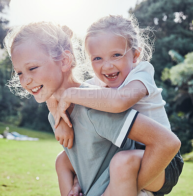 Buy stock photo Happy, smile and siblings in an outdoor park during summer having fun and playing in nature. Happiness, excited and girl children on an adventure giving a piggy back ride outside in a green garden.