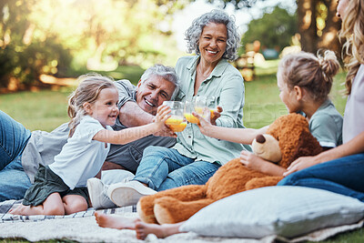 Buy stock photo Family, cheers with juice and a picnic in park on happy summer weekend with smile. Grandma, grandpa and mother with girl children relax, celebrate outdoor fun and quality time together in Australia.