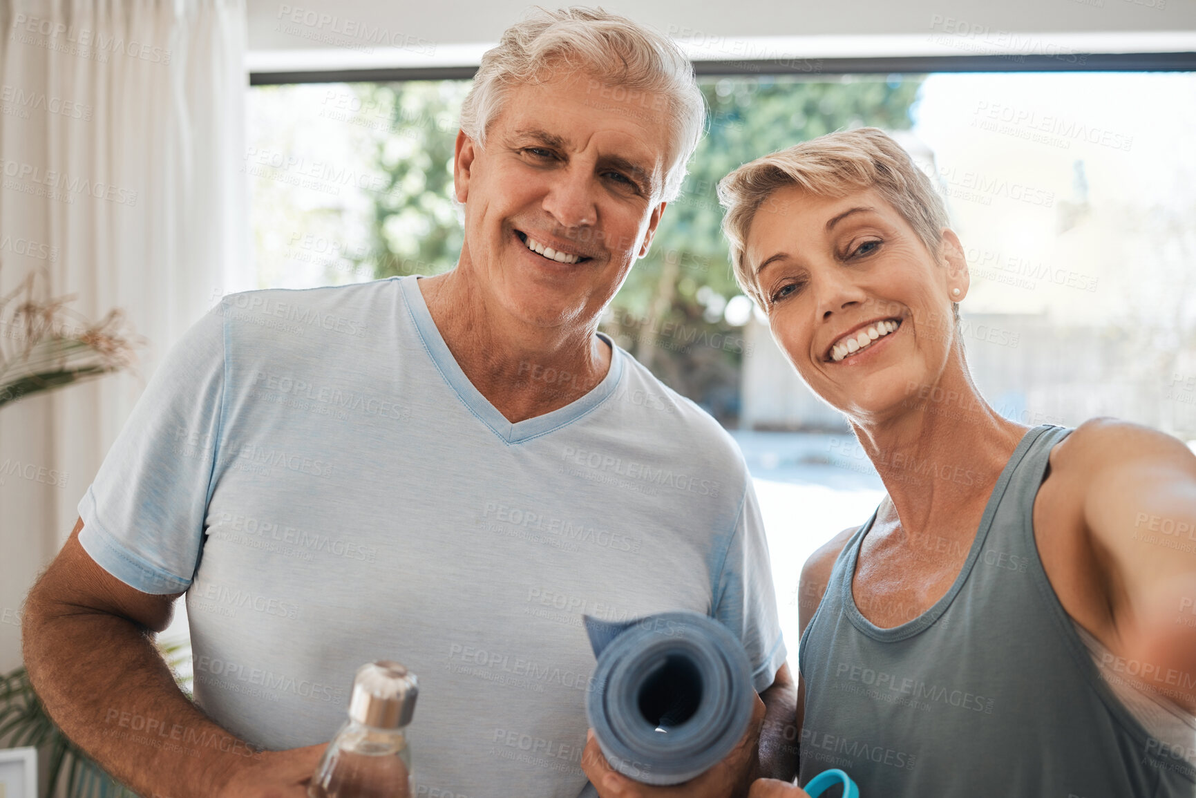 Buy stock photo Senior couple, selfie or yoga fitness in house or home living room for relax workout, training or exercise in lockdown. Portrait, smile or happy pov of retirement man and wellness woman in photograph