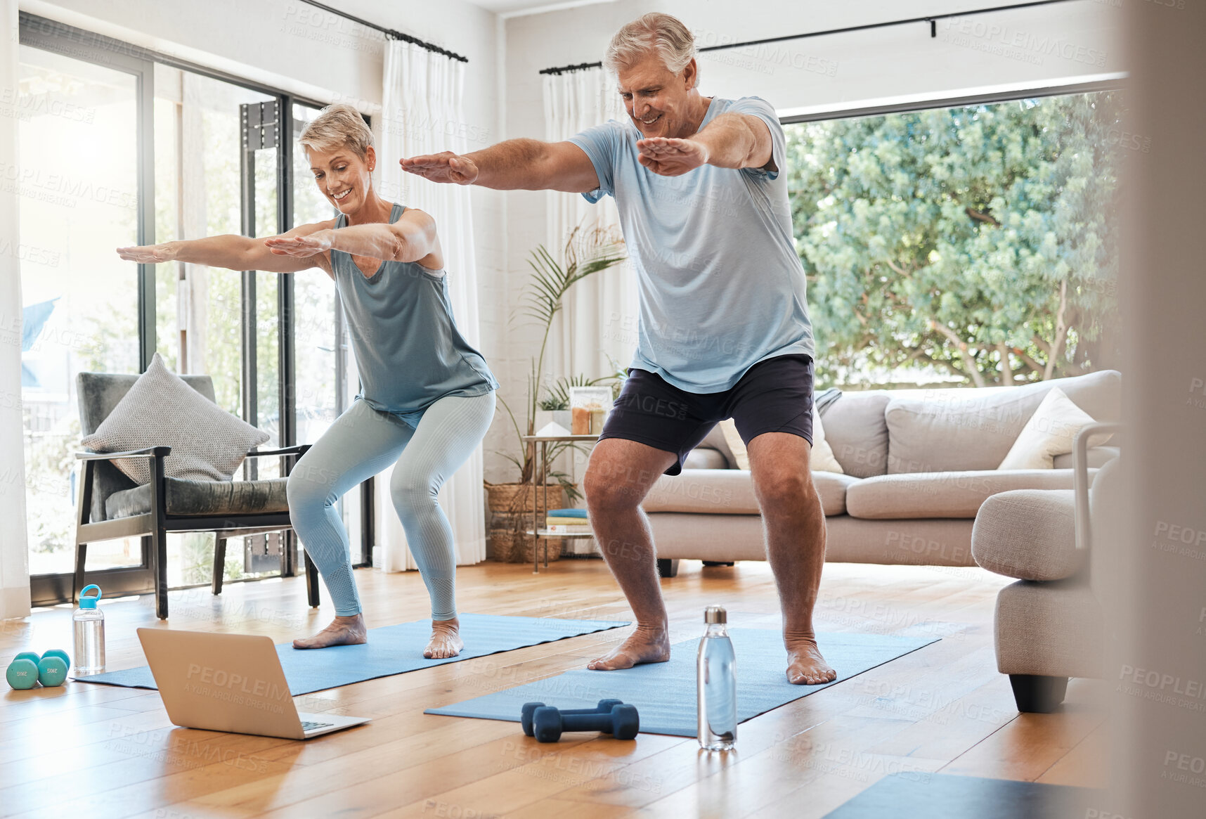 Buy stock photo Yoga, online class and senior couple in living room, workout, zen and fitness in retirement for man and woman with laptop. Stretching, balance and old people exercise at home streaming pilates video.