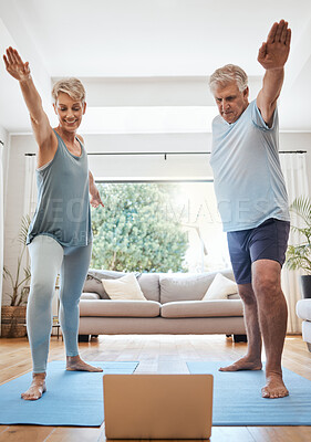 Buy stock photo Yoga stretching, laptop and senior couple in a video call class for retirement wellness, workout motivation and pilates exercise in Dallas home. Healthy elderly people in cardio with  online support