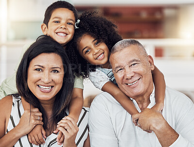 Buy stock photo Portrait of happy kids, grandma and grandpa at home spending family time together. Grandparents babysitting girl and boy in Mexico. Senior man, woman and children, fun care and child development.