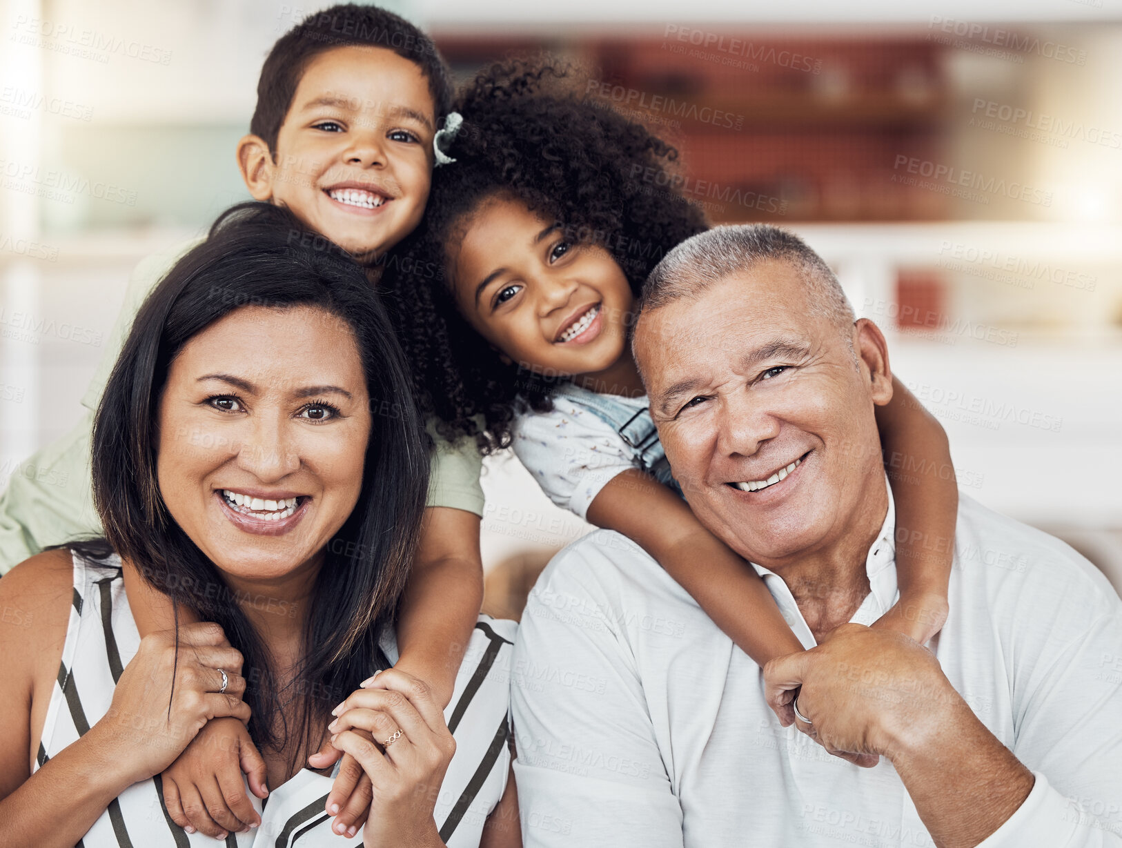 Buy stock photo Portrait of happy kids, grandma and grandpa at home spending family time together. Grandparents babysitting girl and boy in Mexico. Senior man, woman and children, fun care and child development.