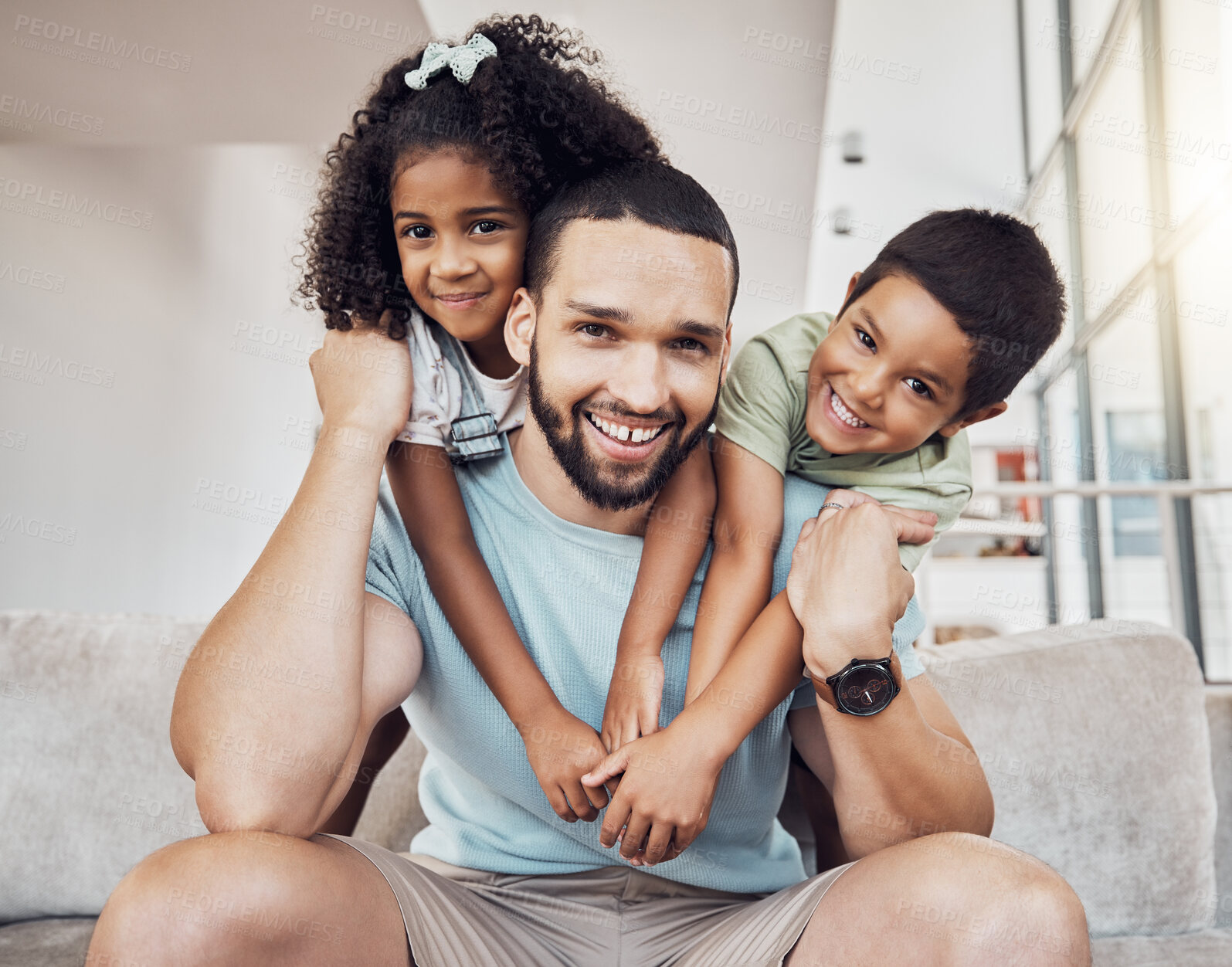Buy stock photo Children happy, home relax and father getting hug from kids on the living room sofa of their house. Portrait of kids and dad hugging for love and happiness on the family couch in an apartment lounge