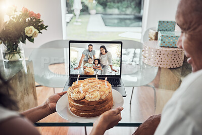 Buy stock photo Video call, birthday and cake with a family on a laptop screen for celebration of a senior party at home. Candle, communication and love with an elderly man and woman on call with their relatives