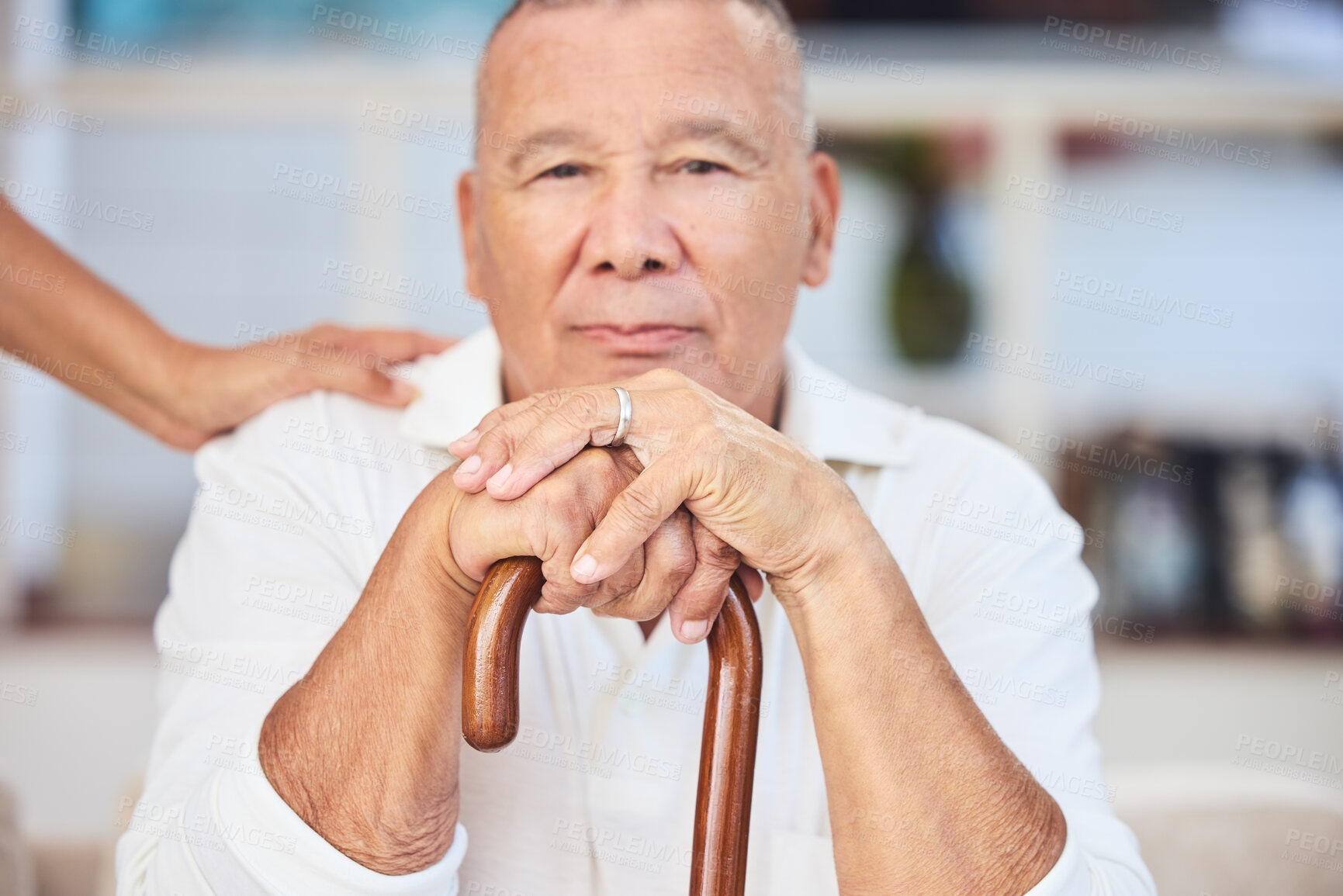 Buy stock photo Portrait of elderly man with walking stick, serious and sitting thinking, memories at retirement home. Grandpa with wooden cane, senior care for disability and nostalgia, a lonely expression on face.