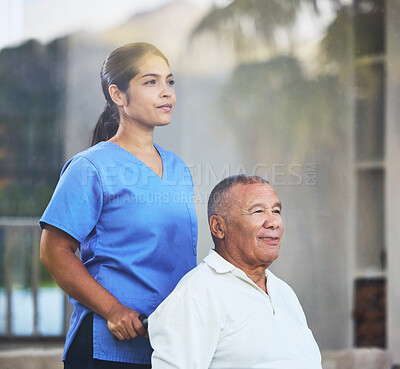 Buy stock photo Nurse, caregiver or senior man in wheelchair in nursing home, hospital or clinic for surgery recovery or wellness physiotherapy. Thinking healthcare worker, retirement disability elderly or insurance