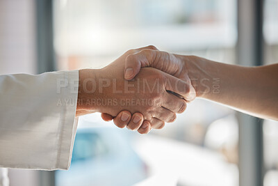 Buy stock photo Handshake, deal and business partnership or agreement, closeup at office window. Shaking hands, thank you and a corporate welcome to new recruit or partner. Hand shake at meeting for collaboration
