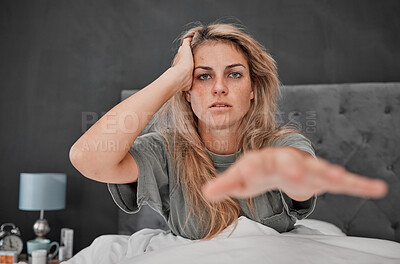 Buy stock photo Woman, stress and insomnia in house bedroom, home or hotel with mental health, anxiety and depression. Portrait, hangover and headache for person with a sleeping problem, pills addiction and burnout