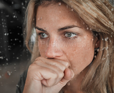 Buy stock photo Stress, anxiety and mental health woman by window in house, home and psychology support asylum thinking while watching rain. Zoom, fear face or depression of sad, scared or burnout person in lockdown