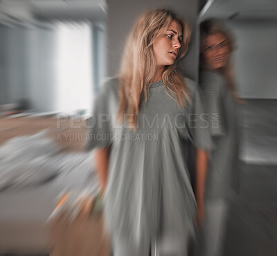 Buy stock photo Bipolar, depression and scared young woman in a bedroom with worry, fear and stress. Insomnia, mental health problem and patient in pain with blur motion, anxiety and schizophrenia at mental hospital