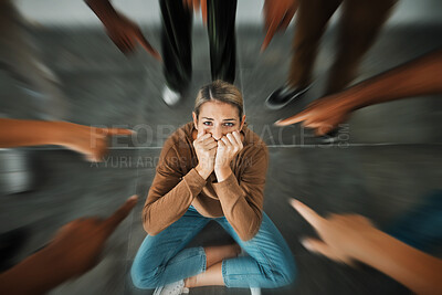 Buy stock photo Fear, bullying and hands pointing at girl scared, sad and crying for help from stress, depression and group circle. Judge, anxiety and woman suffering from crowd blame, trauma or emotional pain 