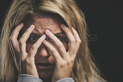 Buy stock photo Woman, hands cover or face stress on black background in mental health asylum community or schizophrenia psychology hospital. Anxiety zoom, burnout or depression for fear or counseling scared patient