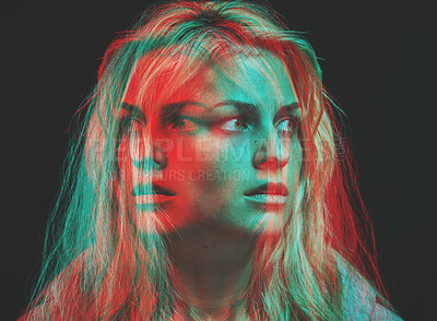 Psychology, bipolar and motion blur psychedelic of woman with mental health fear, insomnia and anxiety on dark background. Overlay of split emotions, schizophrenia and surreal horror of crazy face