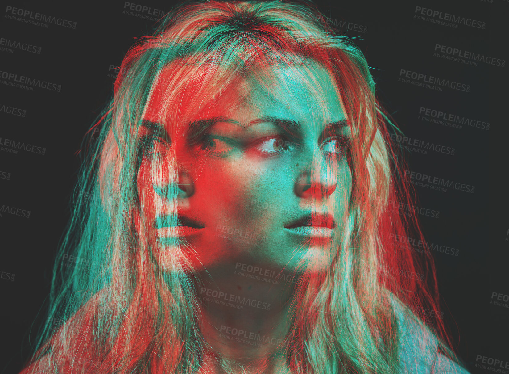 Buy stock photo Psychology, bipolar and motion blur psychedelic of woman  with mental health fear, insomnia and anxiety on dark background. Overlay of split emotions, schizophrenia and surreal horror of crazy face