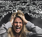 Anxiety, schizophrenia and woman with mental health, stress and paranoid bipolar mindset screaming in pain and anger. Depression, psychology and angry girl frustrated with thinking crazy and negative