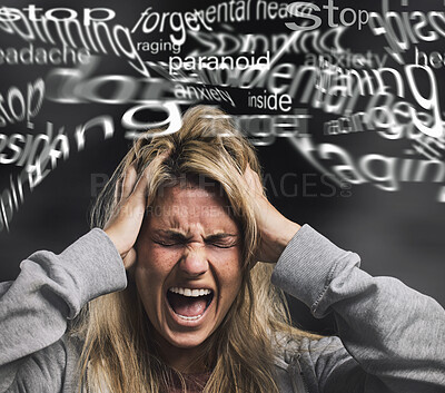 Buy stock photo Anxiety, schizophrenia and woman with mental health, stress and paranoid bipolar mindset screaming in pain and anger. Depression, psychology and angry girl frustrated with thinking crazy and negative