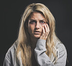 Portrait, depression and woman with mental health, trauma and dark thoughts alone in an asylum or psychiatric hospital. Suicide, bipolar and crazy girl with stress, depressed and personality disorder