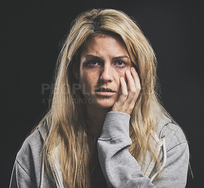 Buy stock photo Portrait, depression and woman with mental health, trauma and dark thoughts alone in an asylum or psychiatric hospital. Suicide, bipolar and crazy girl with stress, depressed and personality disorder