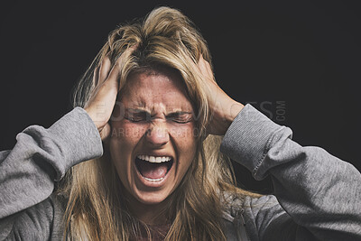 Buy stock photo Screaming woman, mental health and depression headache from bipolar anxiety, stress and fear on black background. Angry, psychology and crazy person shout, scary drugs problem and depressed identity