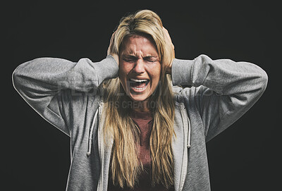 Anxiety, bipolar woman crying, frustrated or crazy on a dark studio for psychology and mental health mock up. Trauma, schizophrenia or depressed girl shout with depression, fear and mental illness