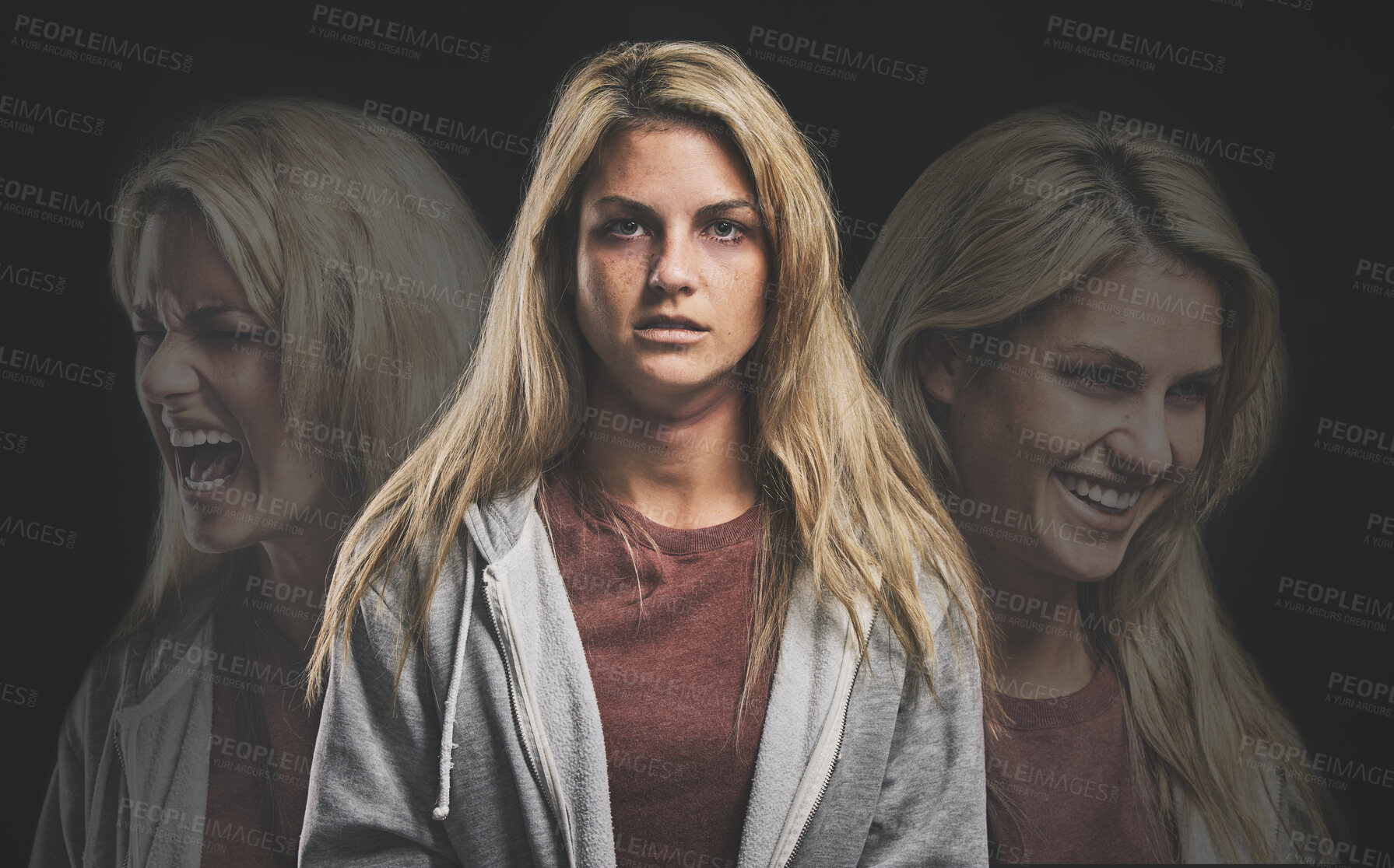 Buy stock photo Horror, crazy or bipolar woman in double exposure on dark studio for psychology and mental health mockup. Schizophrenia girl with anxiety, depression or personality disorder problem in face portrait