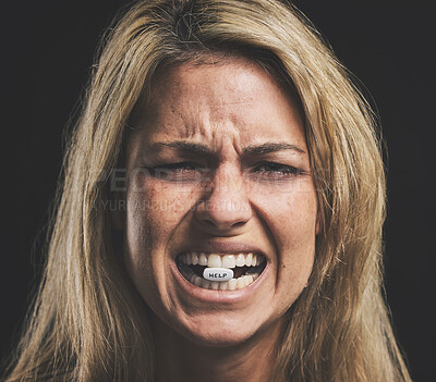 Buy stock photo Mental health, pills and woman cry for help suffering from depression, anxiety and fear against dark background. Psychology, stress and drug treatment for psychiatric patient  in distress from trauma