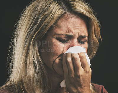 Buy stock photo Woman sad and crying with depression, anxiety and stress against a mockup black studio background. Mental health, frustrated and tired female thinking of abuse, fear and toxic mistake in her life