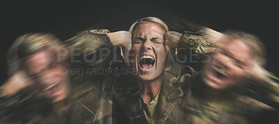 Buy stock photo Anxiety, scream and bipolar woman, scared and shouting on dark studio for psychology, horror hallucination and mental health. Crazy, schizophrenia or frustrated girl with depression, fear and trauma