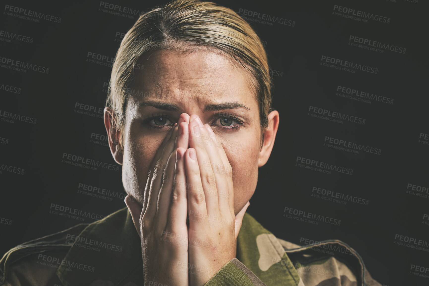 Buy stock photo Anxiety, ptsd and military woman face with hands with fear, trauma or depression for psychology help or mental health problem. Army soldier person portrait in shock on a dark studio background mockup