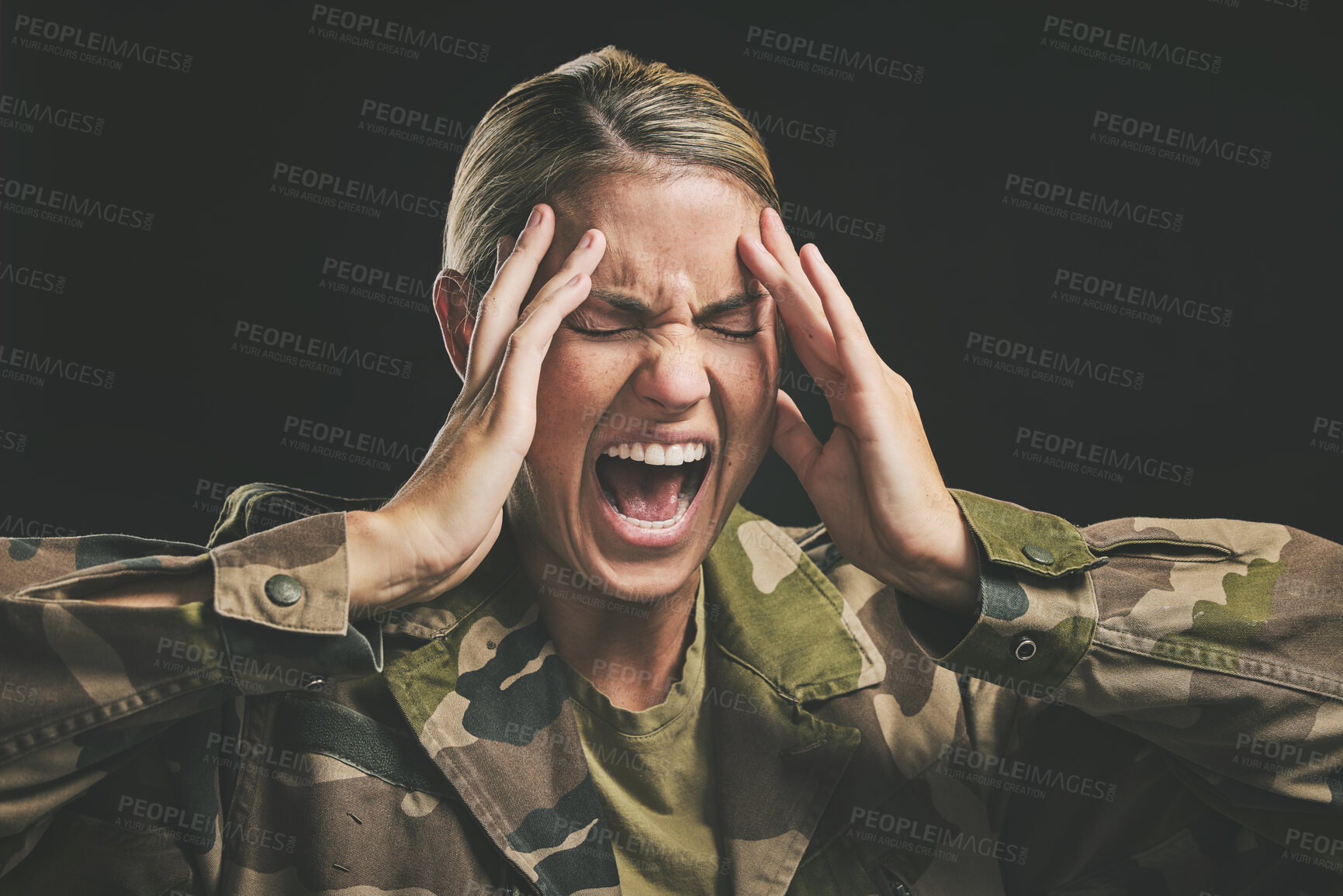 Buy stock photo Ptsd, war and mental health with woman soldier suffering from trauma and flashback in a dark studio, stress and anxiety. Psychology, depression and military survivor experience paranoid psychosis 